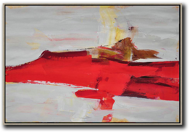 Xl Large Canvas Art,Horizontal Palette Knife Contemporary Art,Huge Abstract Canvas Art Red,Grey,Yellow